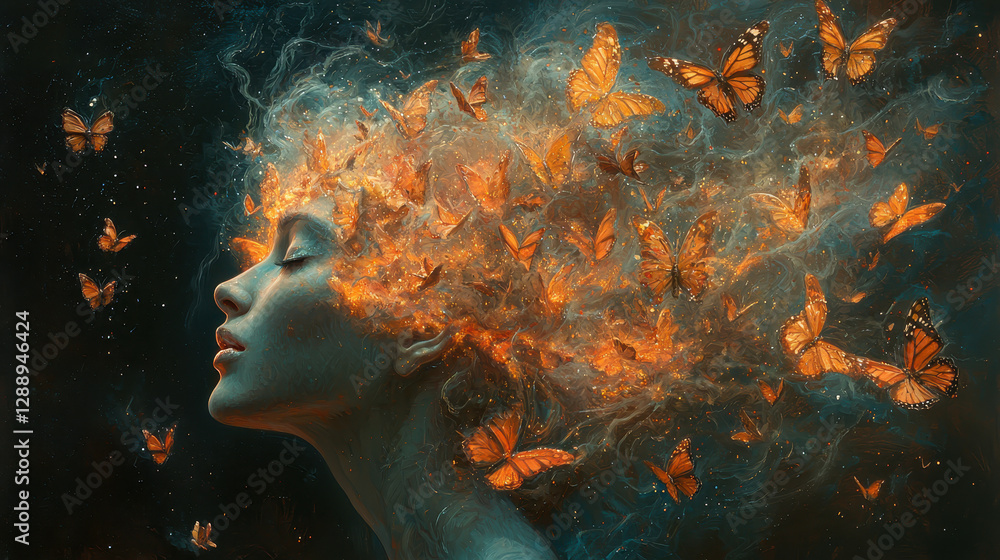 Aufkleber person dissolving into a cloud of butterflies representing joy in a vibrant surreal setting with pas