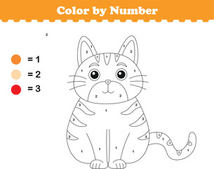 Color by numbers. Coloring page for kids. Coloring with cute cat. Vector illustration