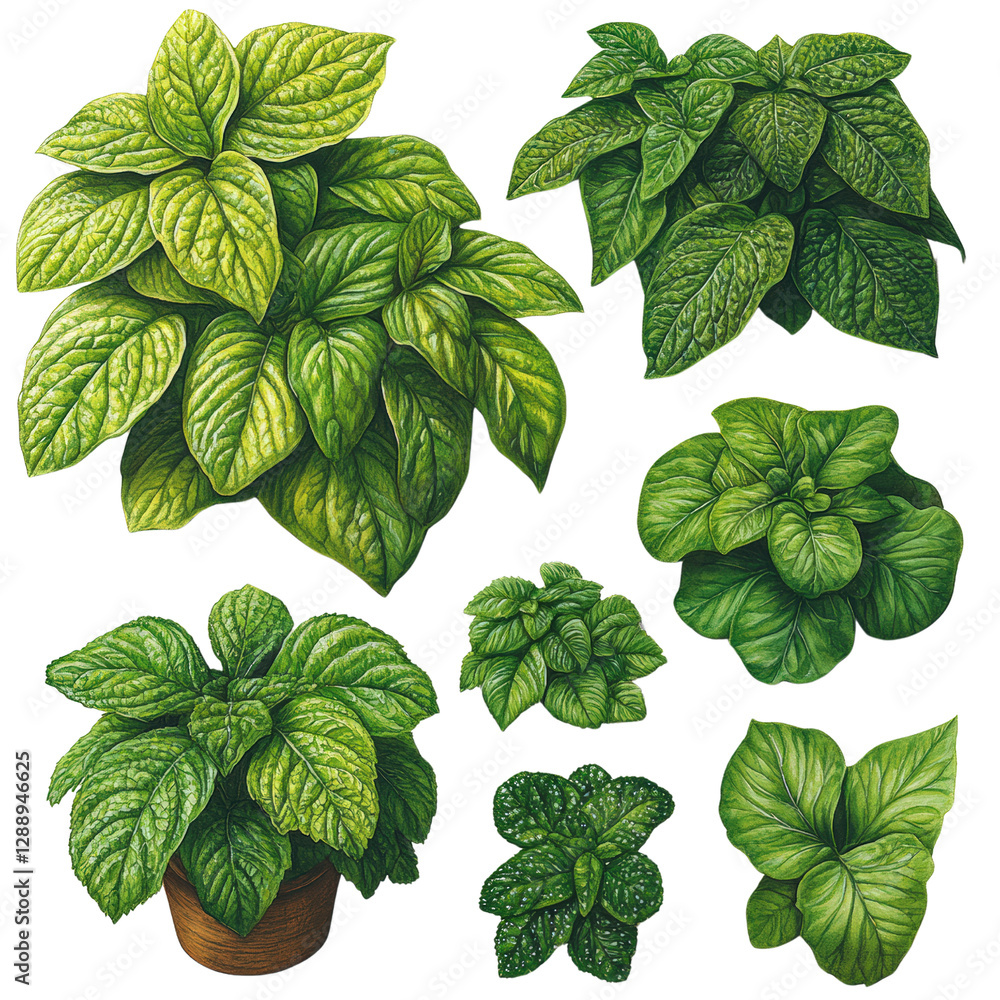 Aufkleber a collection of fresh basil plants arranged in pots on a wooden table background isolated on transpa