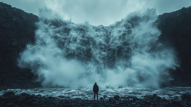 Standing firm at the shoreline while a wave of anxiety dissipates into mist represents the journey of overcoming fear and embracing calmness at sea