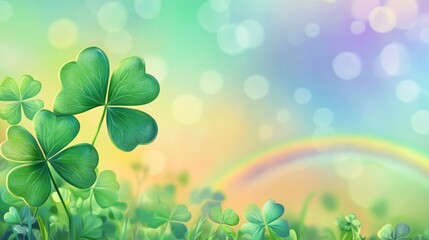 Prominent shamrocks are growing in a field with other shamrocks and a rainbow in the background