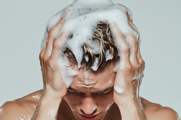 Young man applying shampoo in modern bathroom while preparing for a relaxing shower experience