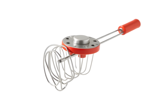 A rotary kitchen egg beater with red handles