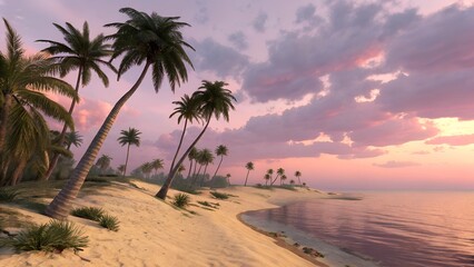 Tropical Paradise: Pink Sunset Over Sandy Beach

