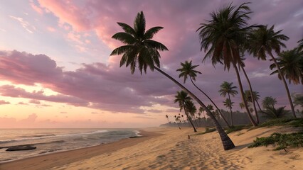 Tropical Beach at Sunset: Palm Trees and Pink Sky

