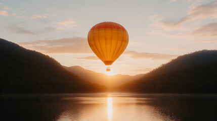 Fototapeta premium Hot air balloon floating over a reflective lake at sunrise, set against silhouetted mountains. Serene and dreamlike escape.