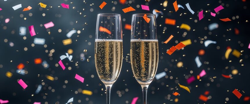 Two champagne flutes clink together with confetti falling in celebration on a dark background