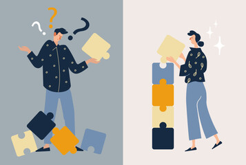 Specialist helps to deal with the problem. Psychological help. Flat cartoon vector illustration in modern concept.