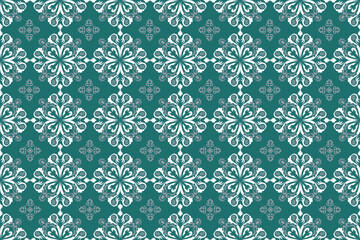 This elegant teal damask vector pattern with white floral motifs is perfect for wallpaper, fabric, home decor, invitations, gift wrap, digital backgrounds, luxury branding, and fashion.
