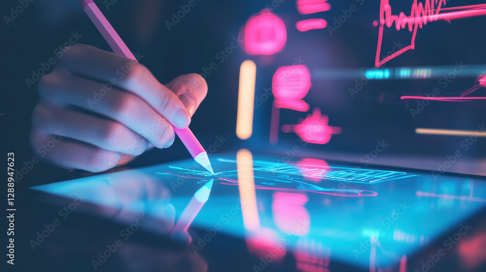 Poster close up of hand using stylus on digital tablet for data visualization