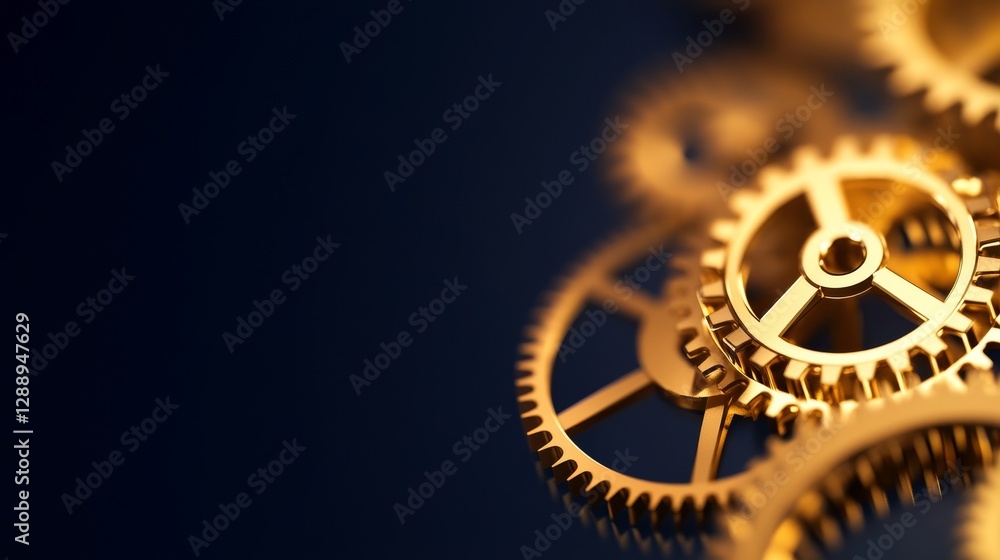 Poster close-up of intricate golden gears interlocking in a mechanical assembly, showcasing precision engin