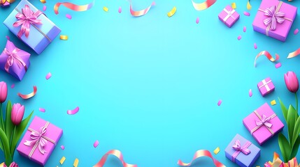 Festive Celebration Background Featuring Colorful Gifts and Decorations on Blue Surface