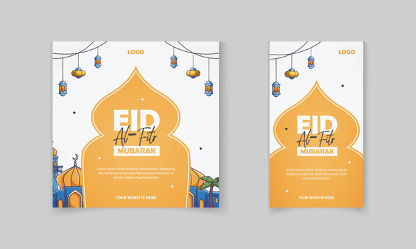 Eid al Fitr Mubarak Social media post template set design with Islamic masjid, lamp, star vector