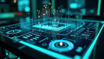 A high-tech digital financial dashboard with glowing data visualizations, stock market analytics, and interactive holographic elements in a cyberpunk-inspired setting.