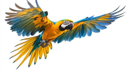 Obraz premium Colorful flying Blue and Gold Macaw parrot isolated on white background with clipping path.
