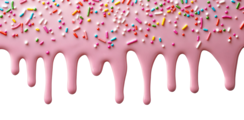 Pink glaze dripping with colorful sprinkles isolated over transparent background, PNG cut-out	