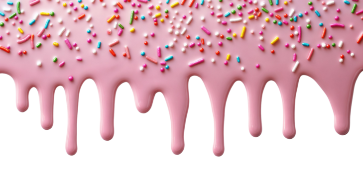 Pink glaze dripping with colorful sprinkles isolated over transparent background, PNG cut-out	