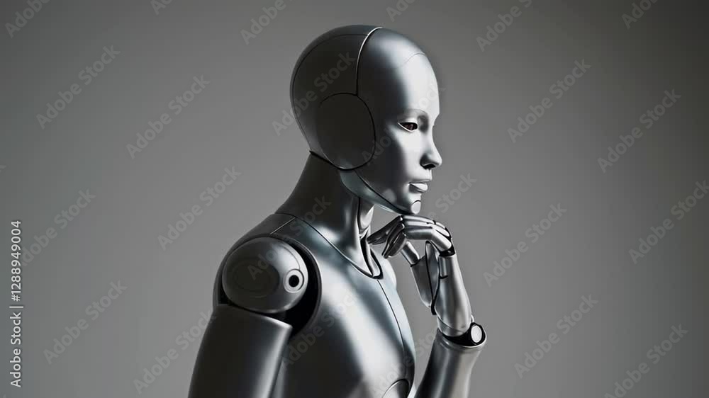 Poster metallic female android with feminine design contemplating deeply, resting hand on chin while exhibi