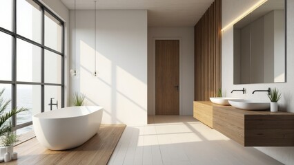 Fototapeta premium White and wooden panoramic bathroom interior