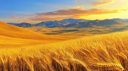 Fototapeta premium Golden wheat field sunset breeze concept. A stunning sunset casts golden hues over rolling hills and fields of wheat, creating a tranquil landscape that evokes peace and nature's beauty.