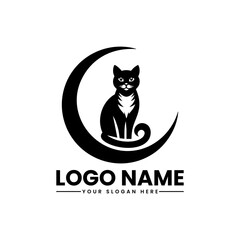 Cat Sitting on the Moon | Starry Night Vector Logo | Mystical Feline Illustration