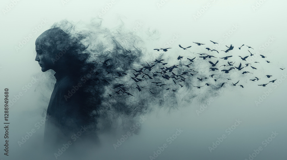 Aufkleber shadow transforms into flock of birds soaring upward, symbolizing release from fears and self-doubt 