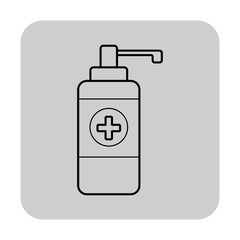 Simple line icon of medical bottle with pump and cross symbol. Wellness and care concept