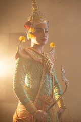 Thai Khon performers in elaborate costumes of Thotsakan, Ritik, and Nang Sida