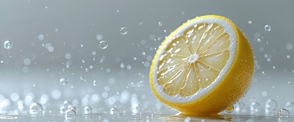 A close up of a lemon slice with bubbles in the background