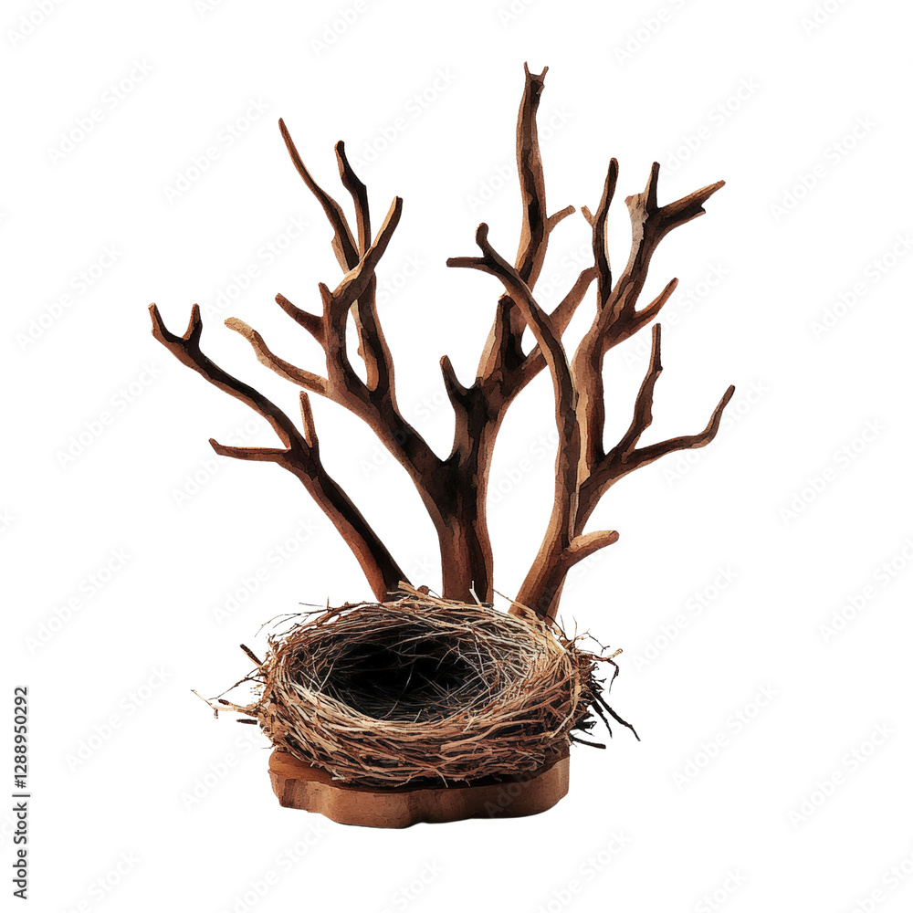 Poster bird nest with eggs on top of a tree branch surrounded by greenery in a natural habitat isolated on 