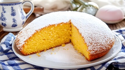 Delicious Yellow Cake with Powdered Sugar on a White Plate in a Kitchen Setting