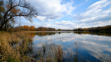 Autumn Lake Reflection: Tranquil Fall Landscape with Golden Trees and Blue Sky