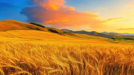 Obraz premium Golden wheat field sunset breeze concept. A golden wheat field stretches under a vibrant sunset sky, with rolling hills in the background, creating a serene and picturesque landscape.