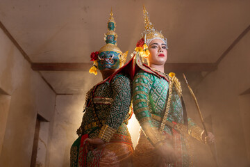 Thai Khon performers in elaborate costumes of Thotsakan, Ritik, and Nang Sida