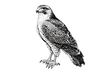 Black sketch effect falcon, vintage illustration, bird art in old engraving style, wildlife print, white background, trendy design, classic animal print.
