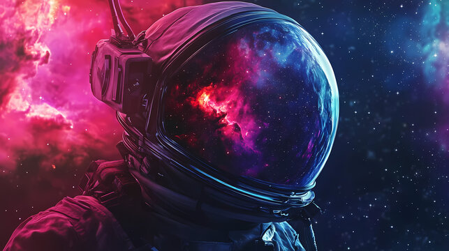 Futuristic astronaut helmet reflecting vibrant cosmic scene, showcasing colorful nebulae and stars, exuding a sense of exploration and wonder. Cosmic Astronaut Reflection. Illustration