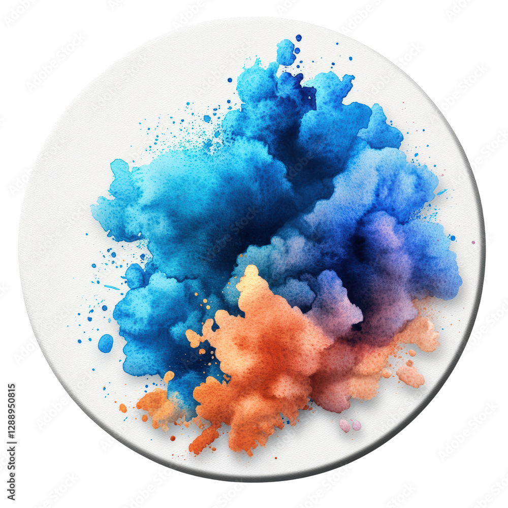 Poster white plate with blue and orange paint splatters on a light background showcasing artistic design an