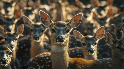 Fototapeta premium A young deer stands out amongst a herd of deer