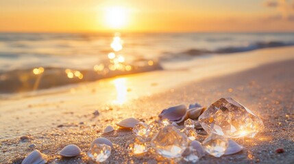 Sparkling diamonds on a beach at sunset, surrounded by seashells and sand.