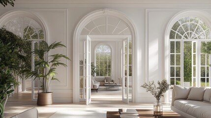 3D white house exterior with an open door to the living room