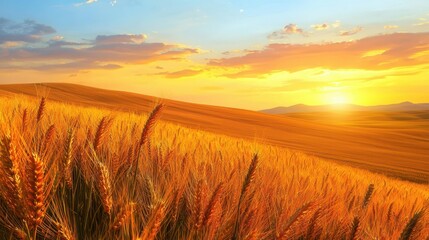 Obraz premium Golden wheat field sunset breeze concept. A golden wheat field stretches under a vibrant sunset, with soft clouds scattered across the sky, creating a serene and picturesque landscape.