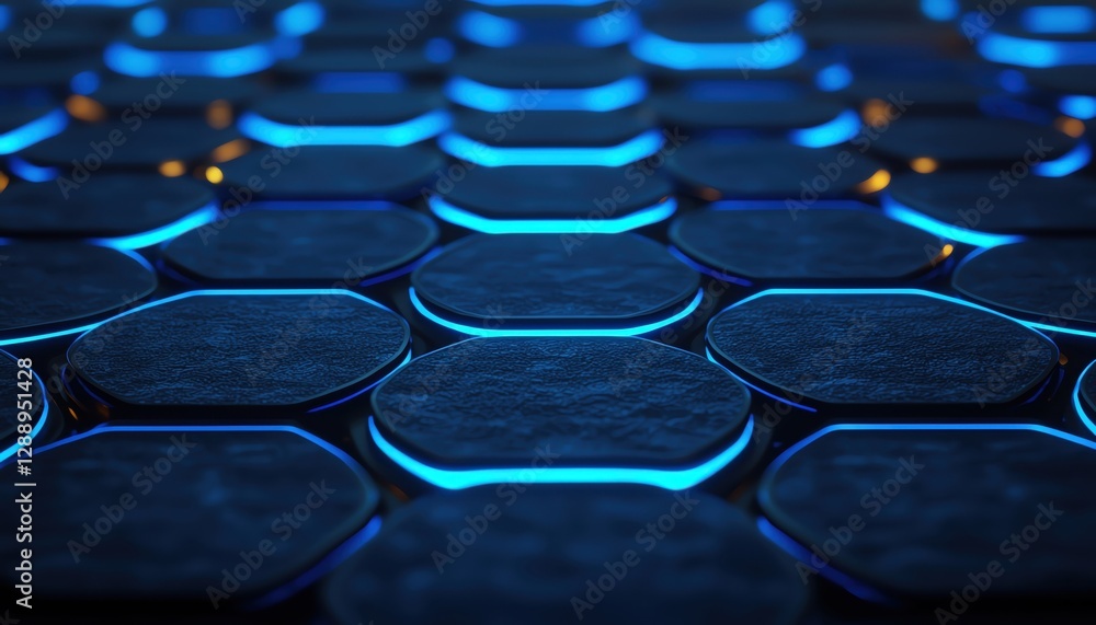 Poster abstract close-up of illuminated hexagonal pattern with blue highlights and dark background.