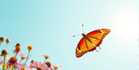 Obraz premium Colorful Butterfly Among Flowers Under Clear Sky
