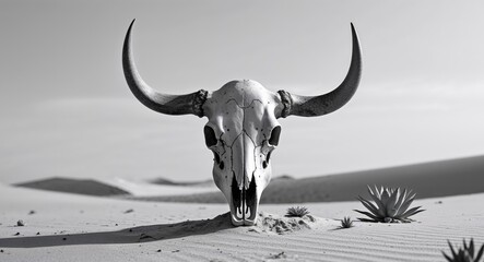 Fototapeta premium a bull skull sitting in the sand in the desert.