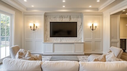 Fototapeta premium Elegant Living Room Featuring Marble Fireplace and Flat Screen Television