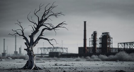 Dead tree in a desolate landscape with industrial structures in the background