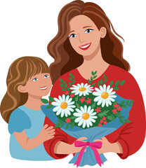 Illustration of Mother and Daughter with Flower Bouquet