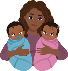 Illustration of Mother Holding Twin Babies