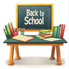 a chalkboard with "Back to School" written on it, with a desk filled with books, ready for students