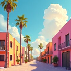 Vibrant Colorful Street with Palm Trees and Sunny Skies